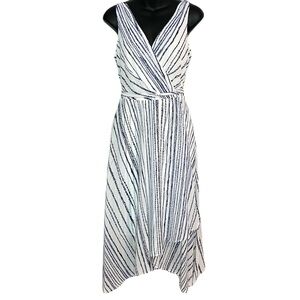 DKNY Striped Faux Wrap Tie Waist Midi Dress in Navy and White